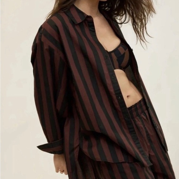 NWT Viral aerie Black & chocolate brown Striped Button-Down good day Shirt XL - Picture 2 of 7